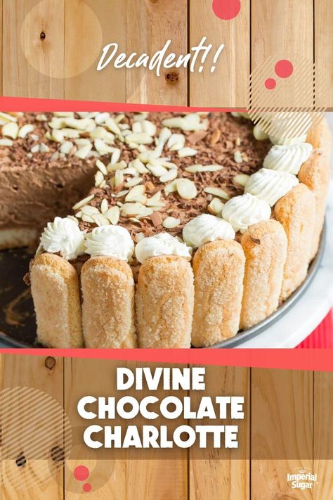 When you want to impress someone special on their birthday, this Divine Chocolate Charlotte is your go-to dessert. Smooth, creamy chocolate custard is surrounded by almond soaked ladyfingers. For more birthday party recipes and ideas visit ImperialSugar.com and pin your favorites! Made this recipe? Show us! #imperialsugar #dessertsonabudget #dessertstofeedacrowd #birthdaypartyideas Chocolate Charlotte, Charlotte Dessert Recipes, Charlotte Recipe, Charlotte Russe Dessert, Charlotte Russe Cake, Charlotte Dessert, Holiday Themed Cakes, Budget Desserts, Charlotte Cake