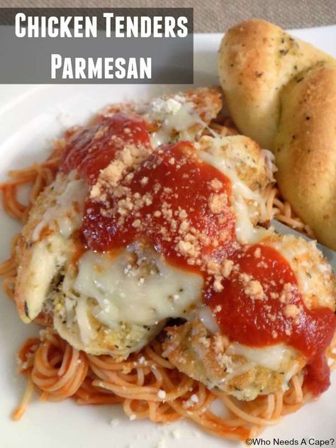 Chicken Tenders Parmesan | Who Needs A Cape? Chicken Tender Parmesan Recipe, Chicken Parmesan Recipe, Chicken Tenderloin, Chicken Tenderloin Recipes, Chicken Tenderloins, Tenderloin Recipes, Chicken Tender Recipes, Red Sauce, Family Favorite Meals