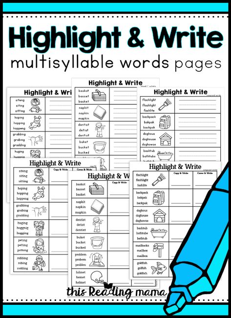 Multisyllable Words Spelling Pages - Highlight and Write - This Reading Mama Multisyllabic Word Activities Free, Multisyllabic Words Activities, Syllable Games, Homeschool Writing Curriculum, Suffixes Worksheets, Phonics Printables, Playdough To Plato, Structured Literacy, Writing Printables