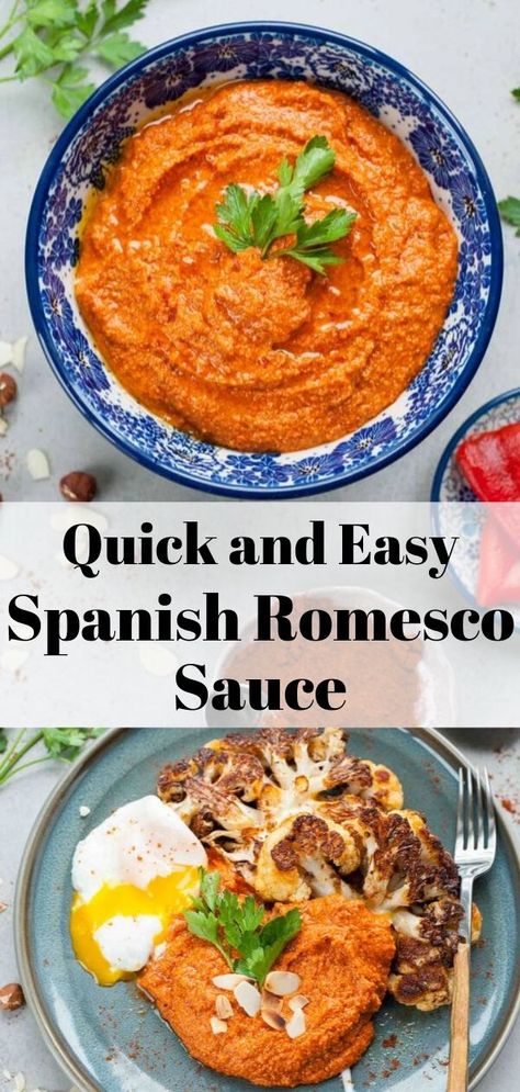 The best romesco sauce recipe. Packed with flavor, quick and easy. This sauce is so good you'll want to spoon it over everything! #romescosauce #spanish #redpeppersauce Sauce For Vegetables, Roasted Cauliflower Steaks, Potato Salad Dressing, Romesco Sauce Recipe, Paprika Sauce, Romesco Sauce, Red Pepper Sauce, Seafood Stew, Cauliflower Steaks