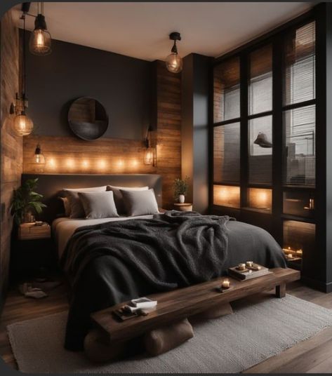 Men Apartment Aesthetic, Bedroom Ideas For Married Couples, Dark Minimalist Bedroom, Man Bedroom, Minimalist Bedroom Decor, Moody Bedroom, Minimalist Bedroom Design, Black Bedroom, Minimalist Bedroom