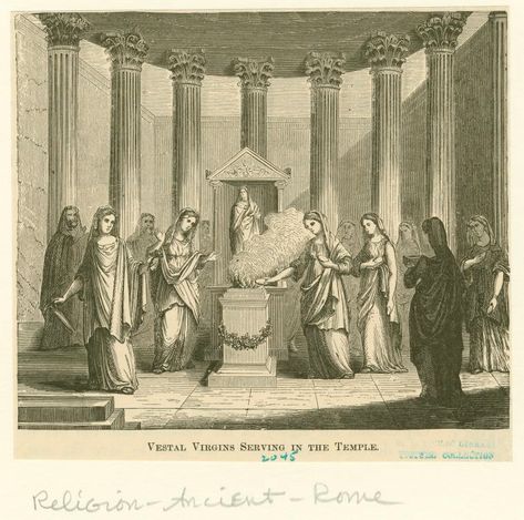 Vestal virgins serving in the temple - NYPL Digital Collections Vestal Virgin, Goddess Of The Hearth, Romulus And Remus, Roman Gods, Roman Goddess, A2 Poster, Roman Mythology, Wood Engraving, Ancient Rome