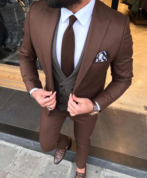 Designer brown mens suit. To order whatsapp  91-8888328116 or ethnicdia@gmail.com for inquiries. #mensuits #suitsstyle #suitswag #suited #tailoredsuit #suitsformen #threepiecesuit #suitandtie #suit#weddingsuit#partywearsuit#brownsuit Dark Beige Suit Men, Male Neck, Brown Suits For Men, Suit Length, Stylish Mens Suits, Slim Fit Suit Men, Brown Suit, Suits Men Business, Mens Fashion Blazer