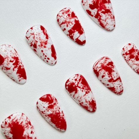 Blood splatter 🩸 Dexter vibes - - - - #pressonnails #nails #dexter #halloween #halloweennails Dexter Nails, Halloween Nails Blood, Dexter Halloween, Blood Splatter Nails, Splatter Nails, Blood Splatter, Nails Inspo, Dexter, Halloween Nails