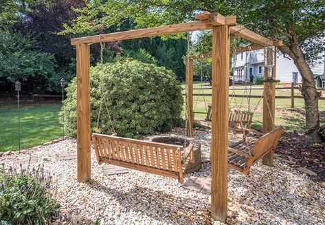 Diy wood pergola swing firepit Pergola With Fire Pit, Pergola Backyard, Fire Pit Swings, Pergola Diy, Landscaping Backyard, Pergola Swing, Backyard Designs, Building A Pergola, Wooden Swing