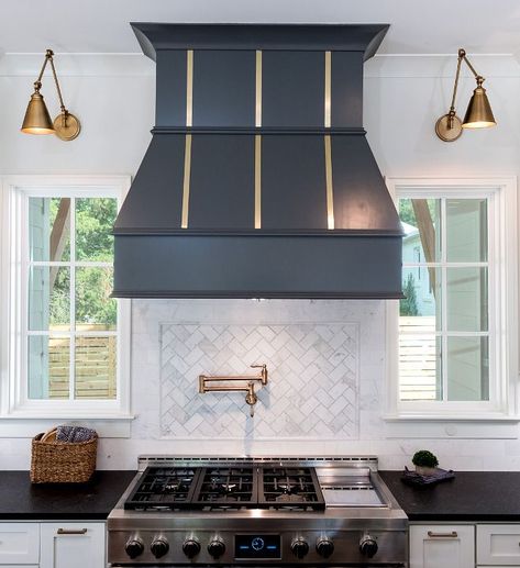 Kitchen Window I love when builders incorporate windows on either side of the range/range hood Kitchen Window  #Kitchen #Window #KitchenWindow Joanna Gaines House, Villa Kitchen, Kitchen Window Coverings, Spec House, Kitchen Hood, Smitten Kitchen, Kitchen Hoods, Kitchen Oven, White Cabinetry