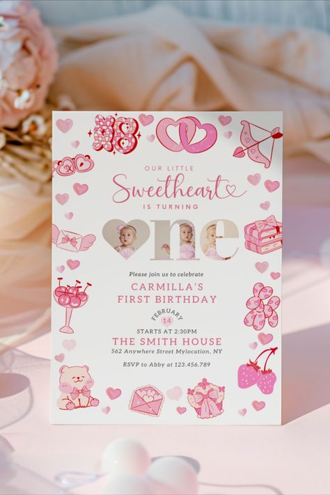 Celebrate your Little Sweetheart turning One with this Valentine's Day 1st Birthday Invitation, perfect for a Hearts Party. This Pink Girl Valentines First Birthday Invitation sets the tone for a charming and memorable celebration.  *********************** WHAT WILL YOU GET? >>Editable 5X7" in size invitation (can be print 2 cards in US letter or A4 Paper size) >>Basic User guide on how to edit on canva . 1st Birthday Girl February, First Birthday Girl February Themes, Valentine 1st Birthday Girl, February Birthday Themes, Valentines 1st Birthday Party Girl, February 1st Birthday Ideas Girl, Our Sweetheart Is Turning One, February First Birthday Girl, February 1st Birthday