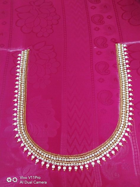 Pearl Work On Blouse, Simple Arri Work Design, Simple Pearl Work Blouses, Simple Beads Design On Blouse, Simple Aariwork Blouse, Normal Blouse, Aari Design, Hand Work Design, Maggam Work Designs