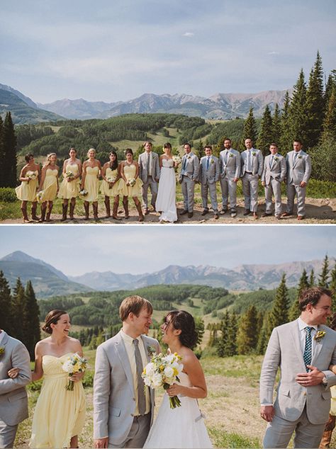 Wedding Ideas Yellow, Late Winter Wedding, Light Yellow Weddings, Yellow Grey Weddings, Winter Skies, Groomsmen Grey, Grey Suits, Photo Arrangement, Yellow Bridesmaid Dresses