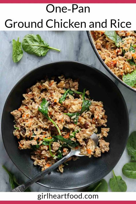 With lots of warming spices, ground chicken, fluffy rice and colourful veggies, this delicious one-pan ground chicken and rice recipe is a cinch to put together and cleanup is a breeze. If you're a fan of sweet and savoury combinations, this ground chicken recipe is a must try! #onepanrecipe Ground Chicken And Brown Rice Recipes, Ground Chicken And Rice, Ground Chicken Recipe, Chicken Rice And Peas, Chicken And Rice Recipe, Special Dishes, Comfort Dinner, Fluffy Rice, Chicken And Brown Rice