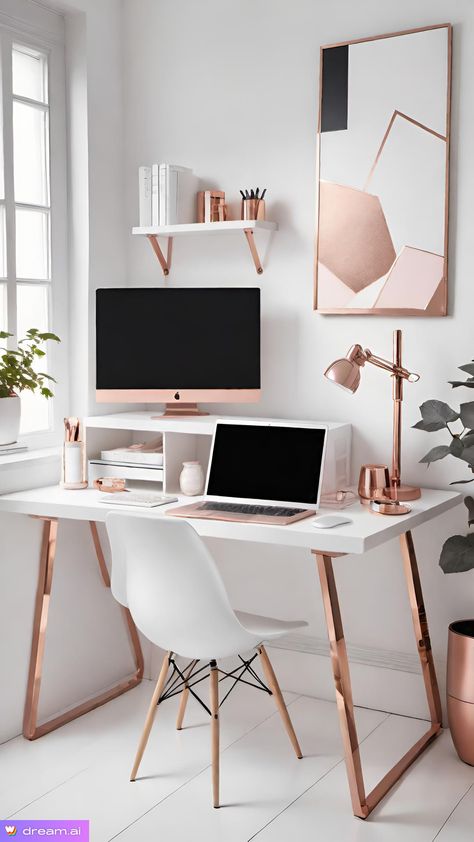 Desk White And Gold, White Gold Office Ideas, Preschool Office, White Gold Room, White Gold Office, Rose Gold Rooms, Aesthetic Table, Gold Room Decor, Rose Gold Aesthetic