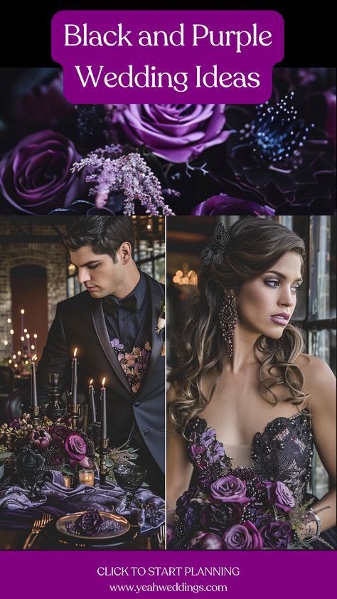 Stunning wedding couple in an elegant and edgy black and purple wedding theme ideas with stunning decor, stylish attire, unique details, and perfect color combinations. Purple And Black Wedding Theme Color Palettes, Dark Purple And Gold Wedding Theme, Purple Witchy Wedding, Dark And Moody Wedding Reception, Plum Wedding Colors Colour Palettes, Royal Purple And Black Wedding, Purple And Green Wedding Ideas, Purple And Silver Wedding Theme, Dark Wedding Theme Color Schemes