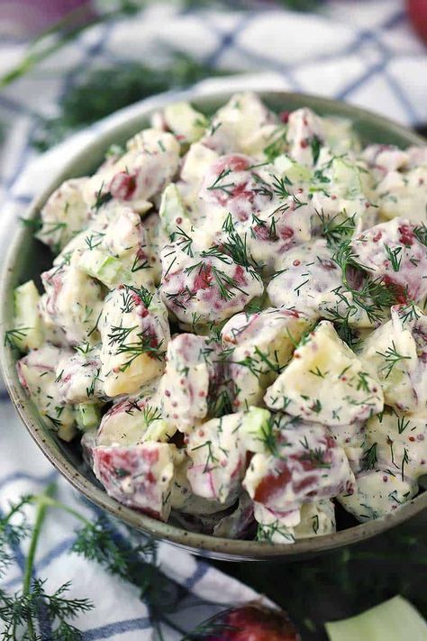 This easy make-ahead potato salad is packed with fresh dill, dijon and whole grain mustards, and coated in creamy buttermilk dressing! | bowlofdelicious.com #potatosalad #makeaheadsides Non Traditional Potato Salad, Potato Salad With Buttermilk, Buttermilk Potato Salad, Potato Salad With Pickles, Dill Potato Salad Recipe, Potato Salad With Dill, Dill Potato Salad, Dill Potato, Salad With Dill