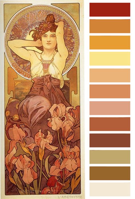 amberhynes: “Colour palette based on The Amethyst by Alphonse Mucha. “Want more palettes? ” ” Rgb Palette, Motifs Art Nouveau, Vintage Colour Palette, 달력 디자인, Mucha Art, Art Nouveau Illustration, Color Palette Challenge, Color Schemes Colour Palettes, Palette Art