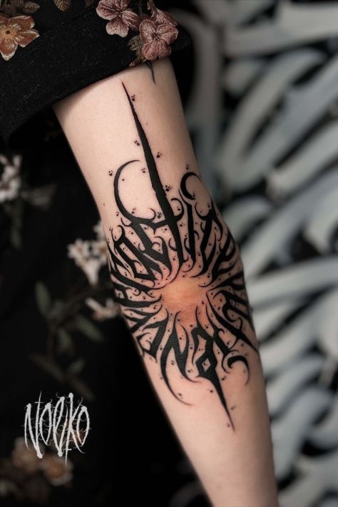 Blackletter Tattoo, Dark Lettering Tattoo, Circular Tattoo, Dark Lettering, Tattoo On Arm, Elbow Tattoo, Tattoo Lettering Styles, Lines And Dots, Flame Tattoos