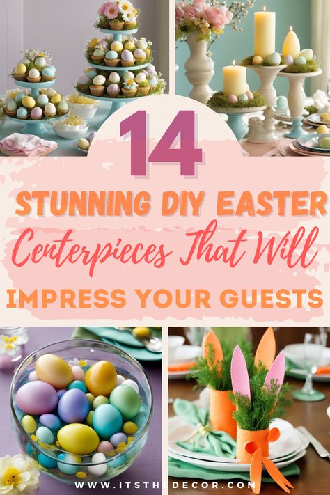 Discover 14 stunning DIY Easter centerpieces that are sure to impress your guests! From elegant floral arrangements to whimsical bunny-themed decor, these easy-to-follow ideas will add a festive touch to your Easter table. Perfect for crafters of all levels looking to add a personal, creative flair to their holiday celebrations. #EasterCenterpieces #DIYDecor #EasterCrafts #TableSettingIdeas Decorative Easter Eggs, Spring Easter Decor Table Centerpieces, Easter Mantle Ideas, Diy Spring Centerpieces, Easter Table Decorations Diy, Bunny Centerpieces, Diy Easter Centerpieces, Easter Egg Centerpiece, Easter Table Decor Ideas