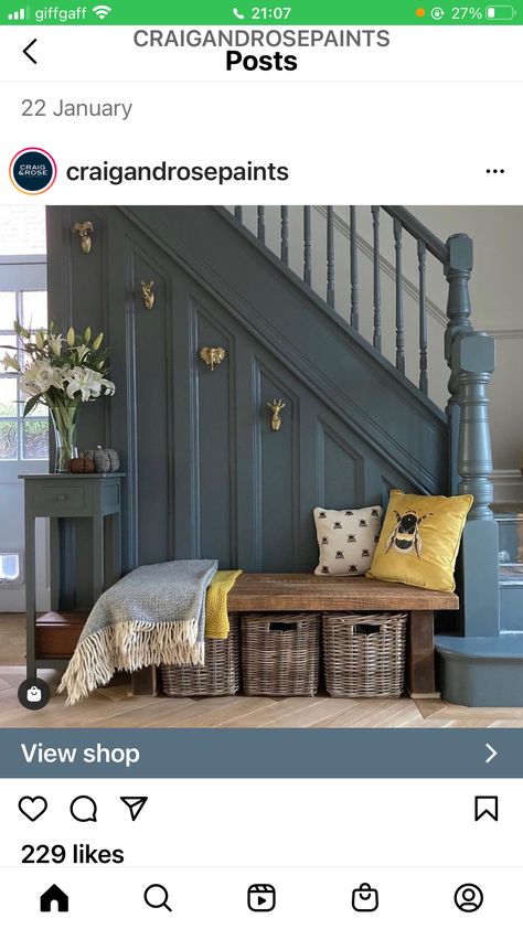 Town House Interior Living Room, Navy Staircase, Stair Wainscoting, Staircase Colour, Painted Bannister, Blue Stairs, Hallway Wall Colors, Victorian Stairs, Stairs And Hallway Ideas