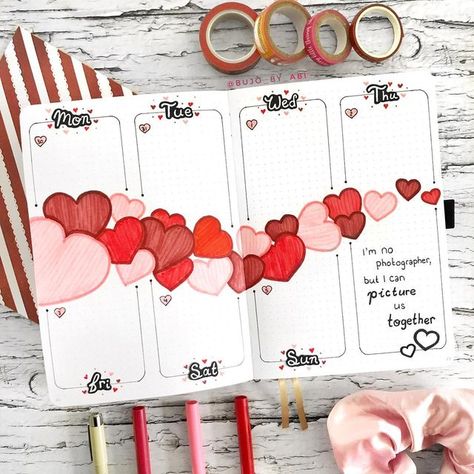 Bujo Themes February, Bujo Heart Theme, February Bulletin Journal Ideas, Bullet Journal Febrero, Bujo February, February Spread, February Bujo, February Planner, Journal February