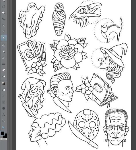 Tattoo Area Ideas, Frankenstein Flash Tattoo, American Traditional Halloween Flash, Halloween Flash Tattoo Sheet, Halloween Flash Sheet Tattoo, Halloween Traditional Tattoo, Traditional Halloween Tattoo, Halloween Flash Sheet, Traditional Tattoo Halloween