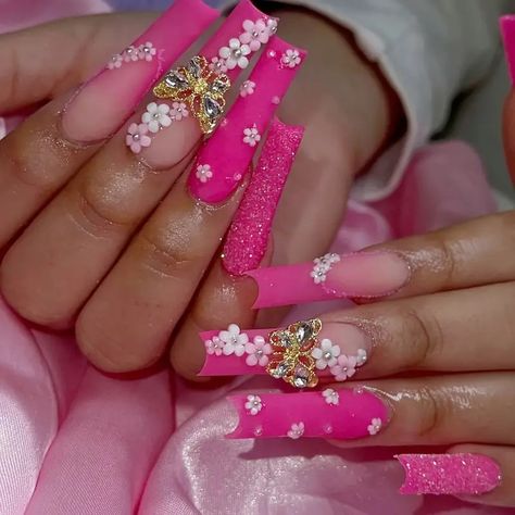 Long Ballerina Square Shape Press Nails Nail Flower - Temu Acrylic 3d Flower Nails, Ongles Bling Bling, Nail Conditions, 3d Flower Nails, Fantasy Nails, Dope Nail Designs, Unique Acrylic Nails, Bling Acrylic Nails, Butterfly Nail