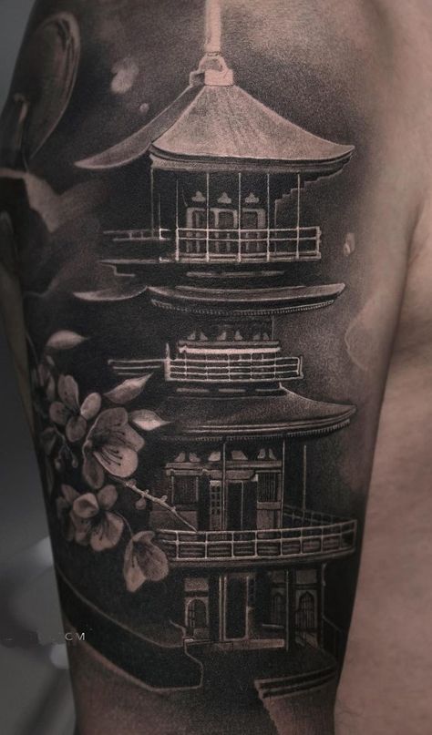 Japanese Temple Tattoos: Meanings, Symbolism & More Japan Theme Tattoo, Japanese Shrine Tattoo, Chinese House Tattoo, Japanese Castle Tattoo, Japanese House Tattoo, Japanese Tower Tattoo, Japanese Pagoda Tattoo, Japanese Theme Tattoo, Pagoda Tattoo Design