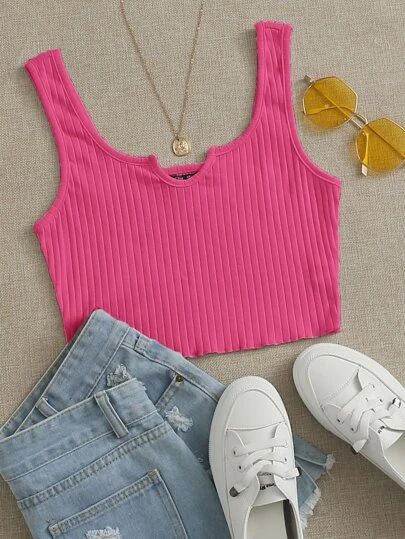 Pink Tank Tops Outfit, Knitted Crop Tank Top, Shein Outfits, Women Tank Tops, Crop Top Outfits, Tween Outfits, Cute Crop Tops, Simple Trendy Outfits, Top Tank