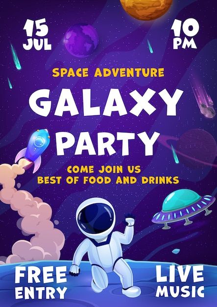 Vector galaxy space party flyer rocket s... | Premium Vector #Freepik #vector #space-poster #space-illustration #space #alien-planet Planet Surface, Youtube Banner Backgrounds, Galaxy Poster, Graphic Design Images, Vector Poster, Galaxy Theme, Boboiboy Galaxy, Theme Background, Space Poster