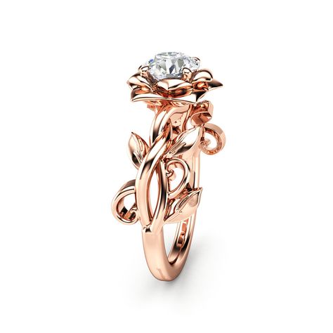 Vintage Gold Engagement Rings, Moissanite Engagement Ring Rose Gold, Gold Solitaire Engagement Ring, Ring Rosegold, Leaf Engagement Ring, Engagement Ring Rose Gold, Flower Engagement Ring, Engagement Ring White Gold, 14k Rose Gold Ring