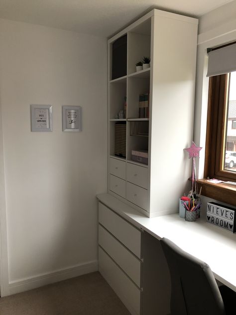 We used 2x 3 drawer Malm as support for the desk. Malm Desk Office, Ikea Malm Desk With Pull Out, Malm Desk Ikea Home Office, Malm Dresser Desk, Malm Billy Combination, Ikea Malm Drawers Hack, Ikea Kallax Hack Bedroom, Ikea Malm Desk Hack, Ikea Kallax Desk Hack