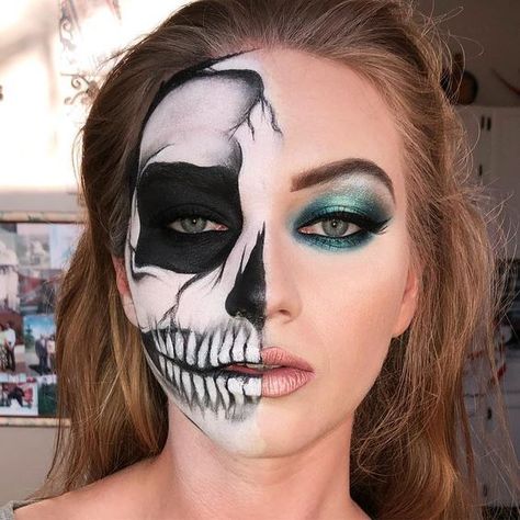 Half Skull Makeup Halloween, Half Face Skeleton Makeup, Halloween Makeup Half Face, Half Face Skull Makeup, Skeleton Makeup Half Face, Half Skull Face Makeup, Half Skeleton Face, Pretty Skeleton Makeup, Half Skeleton Makeup