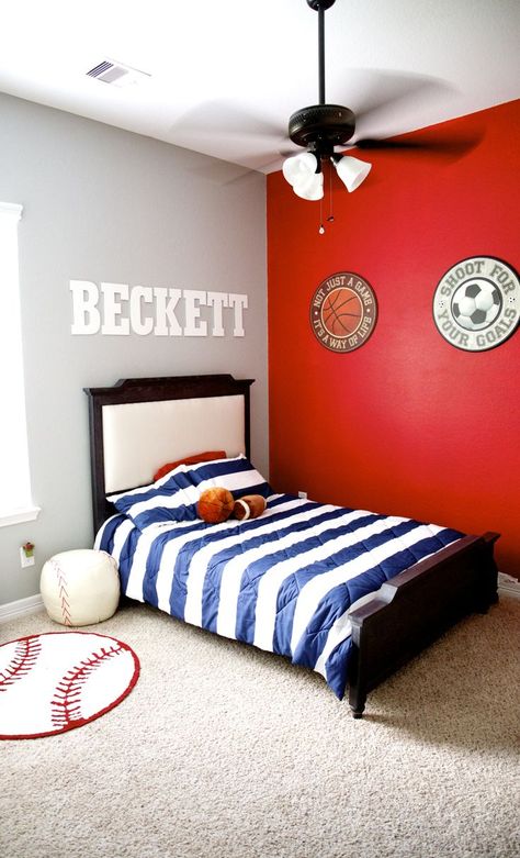 Toddler Room Reveal-Dream Navy & Red Sports room. Awesome-Has baseball, soccer, and Football Red Boys Room, Red Kids Rooms, Red Boys Bedroom, Boy Room Red, Boy Room Paint, Boys Bedroom Paint, Kids Room Paint, Basement Bedroom, Boy Bedroom Design