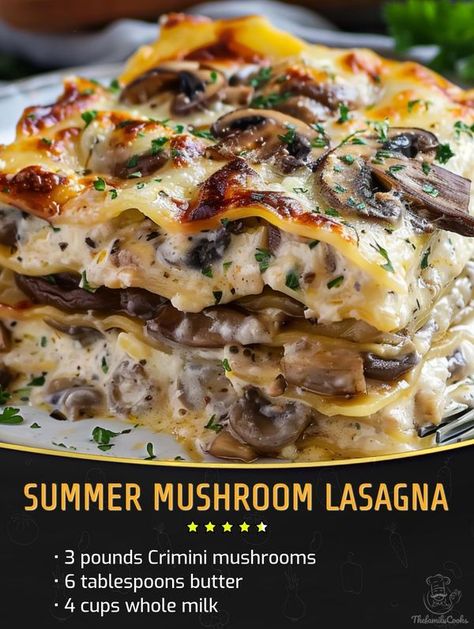 Beef And Mushroom Lasagna, Mushroom Lasagna Roll Ups, Italian Mains, Summer Mushroom, Mushroom Lasagna Recipe, Cheese Lasagna Recipe, Vegetable Dishes Recipes, Mushroom Lasagna, Meat Lasagna