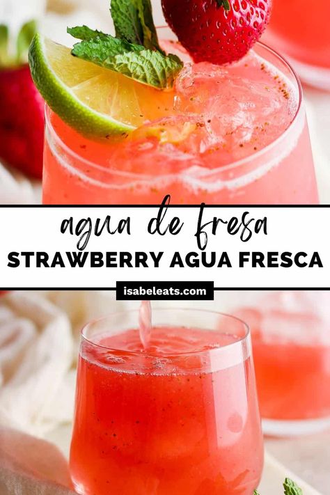 This agua de fresa, also known as strawberry agua fresca, is a healthy and refreshing Mexican drink made with only 3 ingredients – strawberries, water, and a touch of sugar! Strawberry Fresca Recipe, Strawberry Fresca, Strawberry Agua Fresca Recipe, Aqua Fresca Recipes, Strawberry Agua Fresca, Aqua Fresca, Isabel Eats, Agua Fresca Recipe, Strawberry Guava