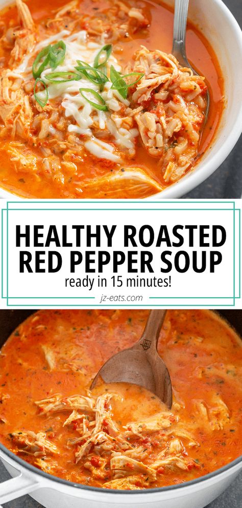 roasted red pepper soup in a bowl and in a pot Red Bell Pepper Soup, Red Pepper Soup Recipe, Roasted Red Peppers Recipes, Roasted Pepper Soup, Pepper Soup Recipe, Red Pepper Recipes, Bell Pepper Soup, Bisque Soup, Roasted Red Pepper Soup