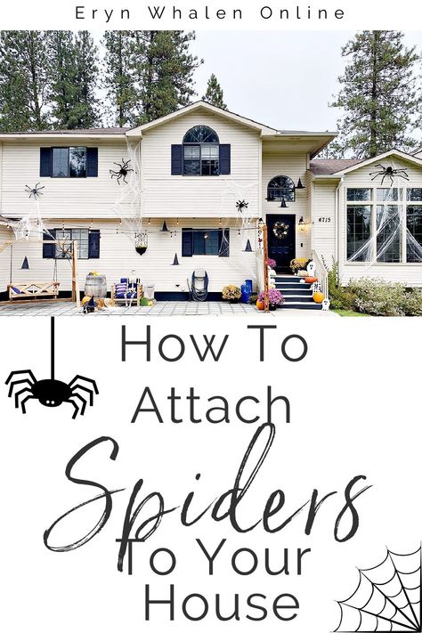 Outdoor Spiders Halloween, Diy Halloween Spiders Outdoor, Side Of House Halloween Decor, Halloween House Themes Outside, Halloween Spider Decorations Indoor, Spider Decorations Halloween, Spider Theme Halloween Decorations Outside, Halloween Decor Spiders On House, Halloween Decorations Spiders Outdoor