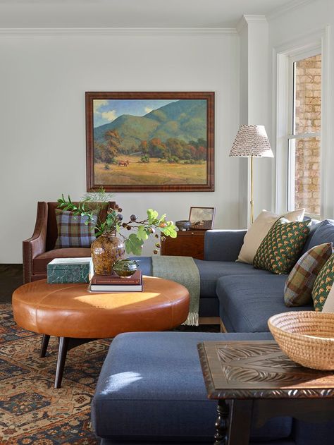 Atlanta Home Redesign: GordonDunning Crafts an Eclectic, Artful Oasis for a Young Family - Southern Home Magazine Southern Eclectic Decor, Blue Sofas Living Room, House Yard, Eclectic Living Room, Atlanta Homes, Southern Home, House And Home Magazine, Dining Room Lighting, Living Design