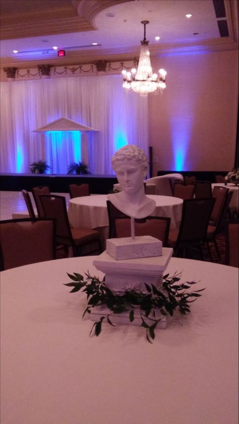 Greek Themed Centerpieces, Roman Prom Theme, Greek Mythology Centerpieces, Greek Gods And Goddesses Prom, Greek Prom Theme, Greek Theme Party Decorations, Greek Banquet, Greek Themed Party, Goddess Party Theme