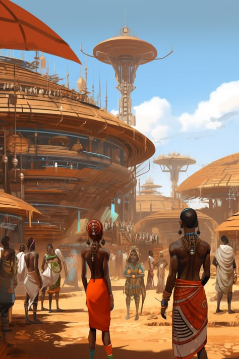 African Gods, Sand City, Dnd Locations, African Empires, Biophilic Architecture, Afrofuturism Art, African American Artwork, African House, Black Illustration