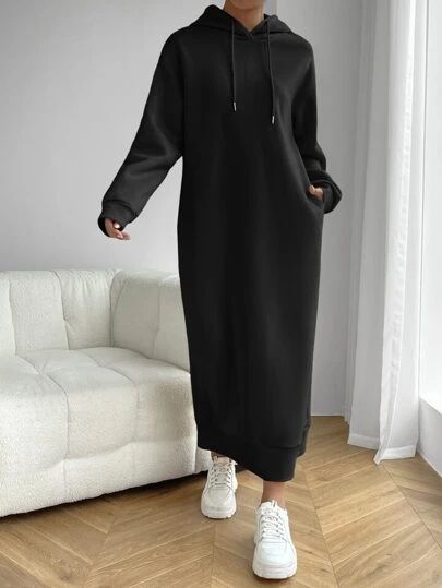 Hoodie Dress Outfit, Black Hoodie Dress, Dress Hoodie, Solid Hoodie, Pocket Maxi Dress, Drawstring Dresses, Plain Dress, Long Sleeve Casual Dress, Hooded Dress