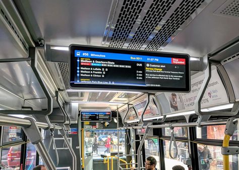 CTA Buses Are Testing Digital Information Screens Chicago Transit Authority, Launch Party, Futuristic Technology, Futuristic Architecture, Transitional Design, Screen, Passenger, Chicago, Technology