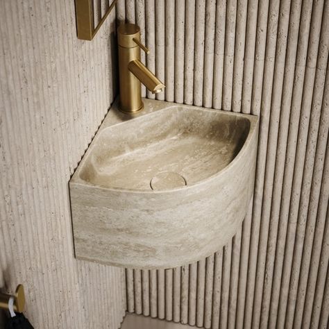 Travertine Small Wash Basin Ideas, Lusso Stone Bathroom, Corner Basin Bathroom, Stone Basin Bathroom, Marble Sink Bathroom, Unique Bathroom Sinks, Sink For Bathroom, Corner Basin, Corner Sink Bathroom