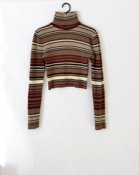 90s turtleneck brown striped sweater cropped top raw by moviemagg 90s Turtleneck Outfit, Tight Sweater Outfit, Fall Outfits 90s, Turtleneck Aesthetic, 90s Turtleneck, Brown Striped Sweater, Fall Pinterest, 70 Outfits, Winter Knitwear