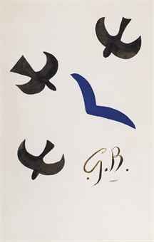 GEORGES BRAQUE (1882-1963)  Trois oiseaux noirs et un bleu  signé des initiales '.G.B.' (en bas à droite)  gouache et encre de Chine sur papier  51 x 34 cm. (20 1/8 x 13 3/8 in.)  Exécuté vers 1960. George Braque, Famous Art Pieces, Art Deco Bar, Art Body, Georges Braque, Hand Drawing, Contemporary Modern Art, Henri Matisse, Cubism