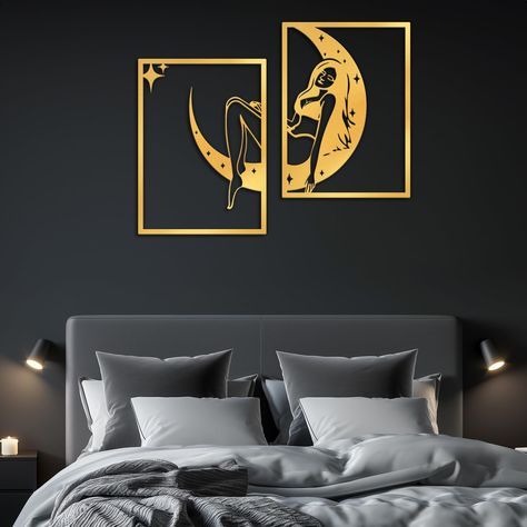 Gold Wall Decor Bedroom, White And Gold Wall Art, Celestial Room Decor, Gold Metal Wall Art, Women Wall Art, Minimalist Living Room Ideas, String Lights In The Bedroom, Black Metal Wall Art, Celestial Decor