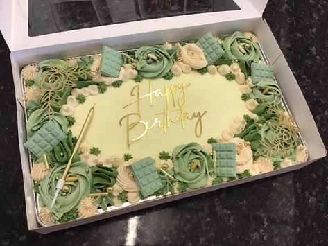 Sage Green Sheet Cake, Green Sheet Cake, Gold Cake Decorations, Square Birthday Cake, Square Cake Design, Jordan Cake, Green Birthday Cakes, Rectangle Cake, Cake Decorating Icing