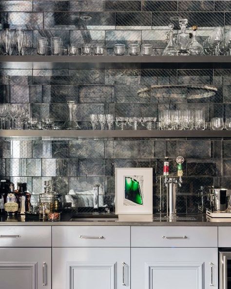 Top 70 Best Home Wet Bar Ideas - Cool Entertaining Space Designs Antique Mirror Backsplash, Mirrored Subway Tile, Antique Mirror Tiles, Grey Floating Shelves, Mirrored Tile, Subway Backsplash, Home Wet Bar, Light Gray Cabinets, Mirror Backsplash