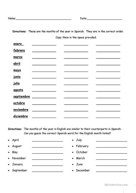 Spelling Months of the Year in Spanish with Key - English ESL Worksheets for distance learning and physical classrooms Spanish Class Worksheets, Spanish Worksheets High School, Spanish Practice Worksheets, Spanish Months, Months In Spanish, Spanish Commands, Spanish Homeschool, Functional Language, Alphabet Chart Printable