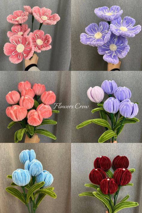 tulip and poppy bouquets Table Flower Centerpieces, Artificial Flower Bouquets, Clean Flowers, Diy Bouquet Wrap, Pipe Cleaner Flowers, Flower Bouquet Diy, Seni Dan Kraf, Pipe Cleaner Crafts, Flower Business