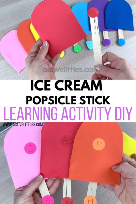 Ice Cream Popsicle Stick Learning Activity DIY - Active Littles Popsicle Sticks Activities, Learning Colors Activities, Popsicle Stick Diy, Ice Cream Stick Craft, Ice Cream Crafts, Wooden Craft Sticks, Diy Popsicle, Diy Fountain, Diy Ice Cream