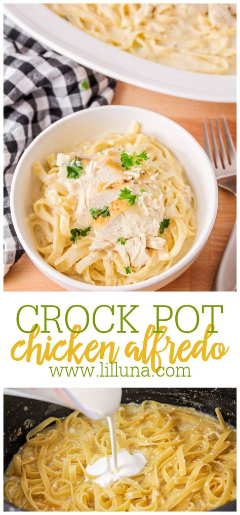 Creamy and delicious crock pot chicken alfredo is an easy make ahead meal. It is filling and flavorful, perfect for busy weeknights! #crockpotchickenalfredo #slowcooker #crockpot #chickenalfredo Easy Crockpot Chicken Alfredo Recipe, Crock Pot Chicken Alfredo, Simple Chicken Alfredo Recipe, Easy Crock Pot Chicken, Crockpot Chicken Alfredo, Easy Veggie Side Dish, Fettucini Alfredo, Chicken Fettuccine Alfredo, Chicken Fettuccine